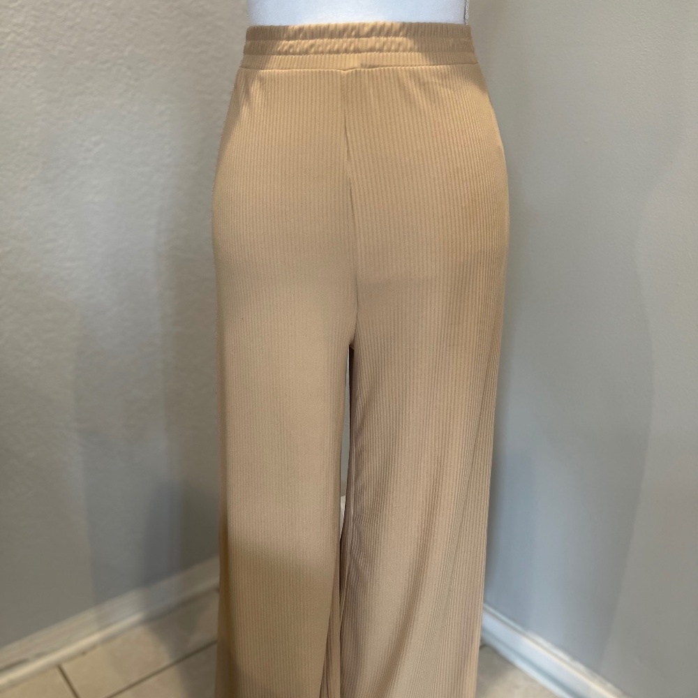 SHEIN, khaki rib-knit wide-leg pants